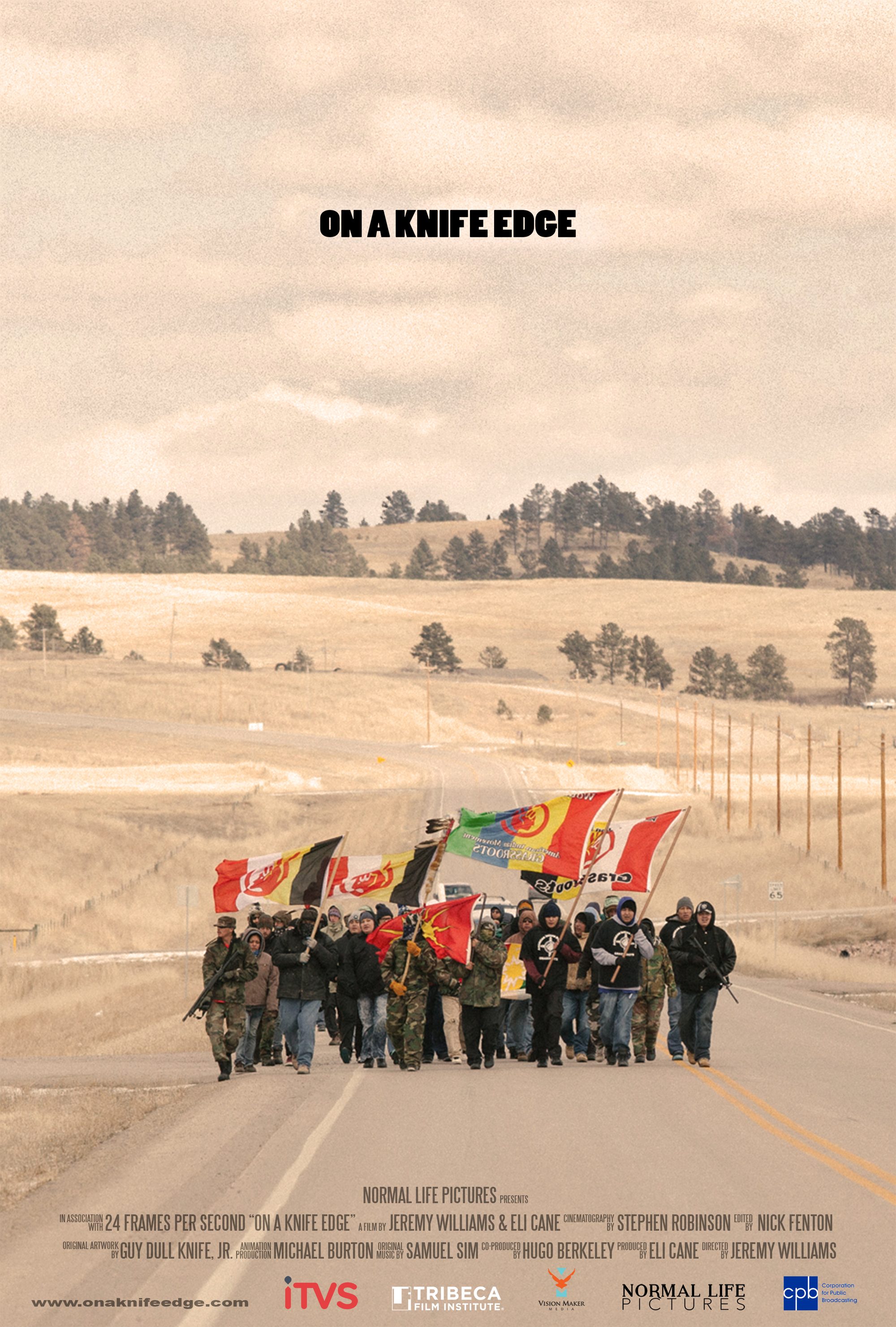 On a Knife Edge film poster: marchers carrying flags along a prairie road toward Wounded Knee